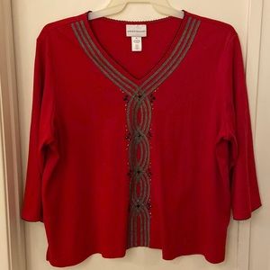 Alfred Dunner red v-neck blouse with 3/4 sleeves. Cotton/polyester blend